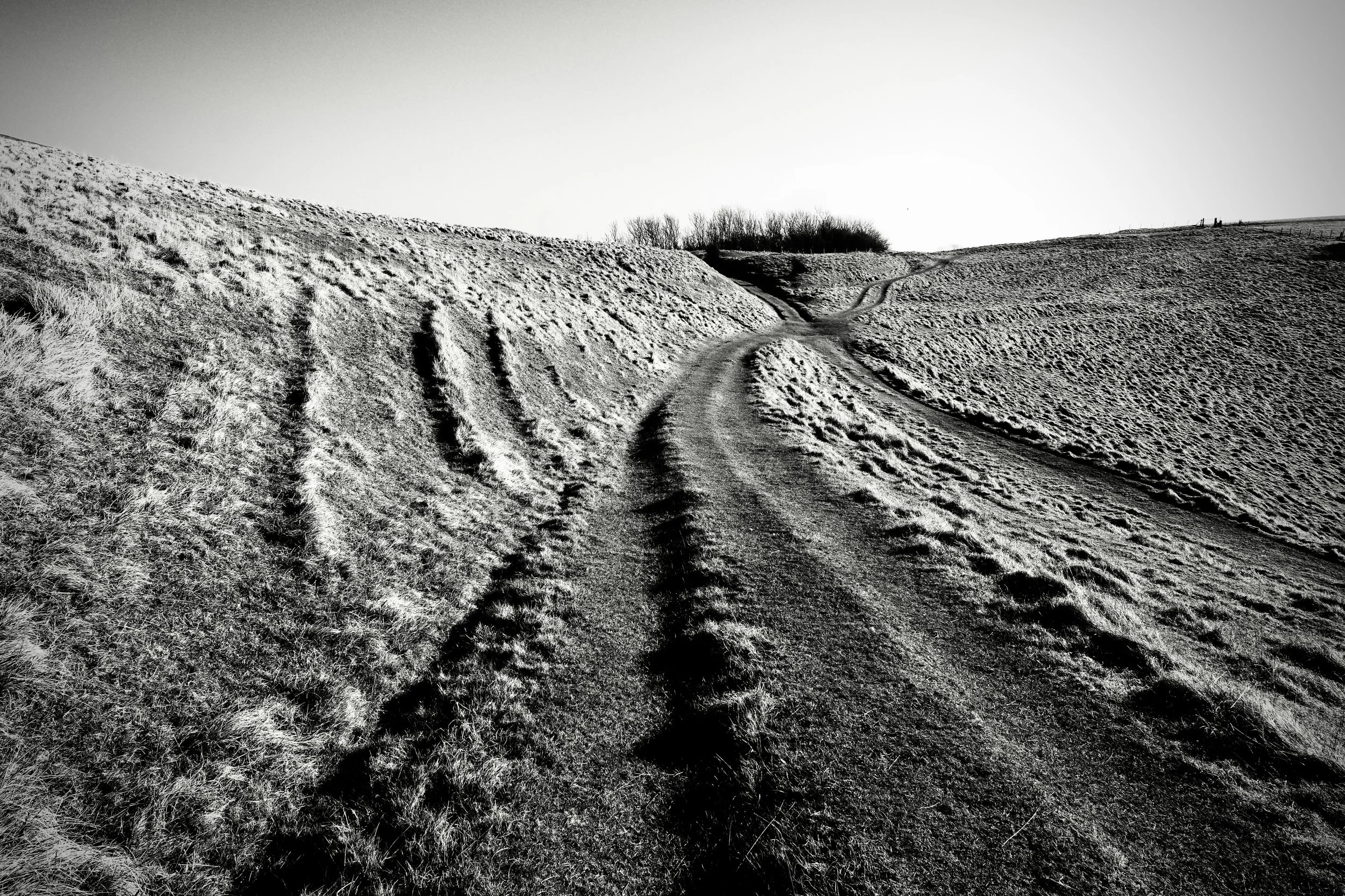 A high contrast black and white photograph of lynchets on the South Downs at Mount Caburn near Lewes by John Worth, Artist