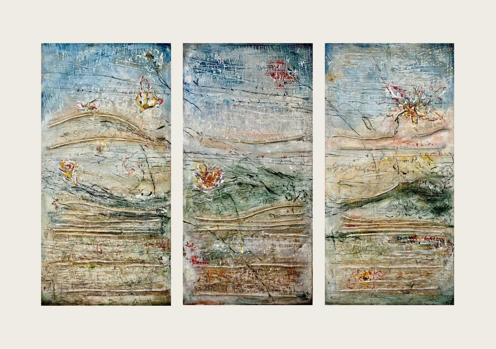 Caburn Triptych #4, abstract landscape triptych painting by John Worth, inspired by repeated walks on the South Downs.