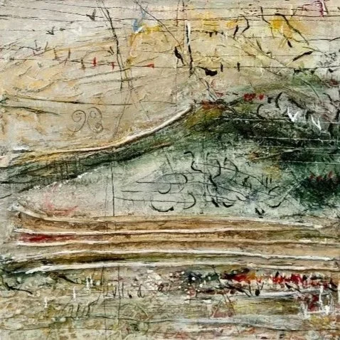 Caburn Triptych # 4 (1350 x 1350 px).jpg  Caburn Triptych 4 mixed media abstract landscape inspired by Mount Caburn South Downs textured blue and earth tones detail