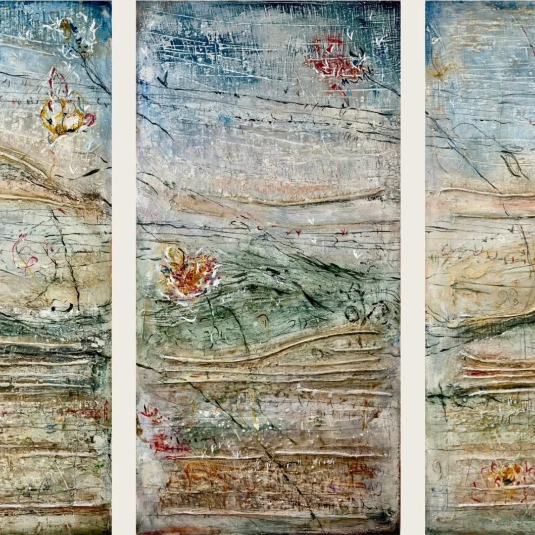 Caburn Triptych # 4 (1350 x 1350 px).jpg  Caburn Triptych 4 mixed media abstract landscape inspired by Mount Caburn South Downs textured blue and earth tones detail