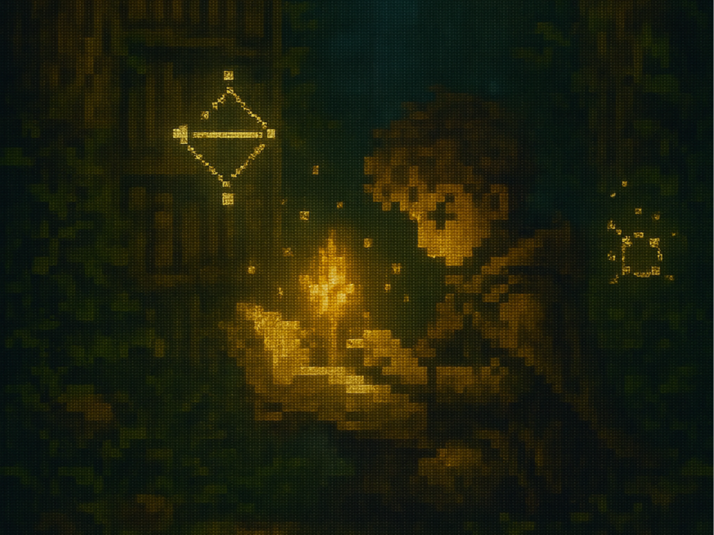 A pixelated image of a person with short hair, wearing a jacket, holding a lit candle, looking at it thoughtfully in a dim room.