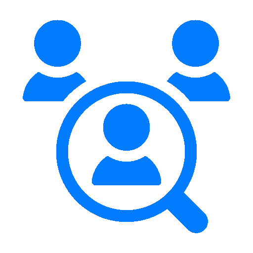 Icon of three people with one in the center inside a magnifying glass, representing searching or analyzing individuals within a group- Showing the search and recruitment of sales people within the SaaS sector