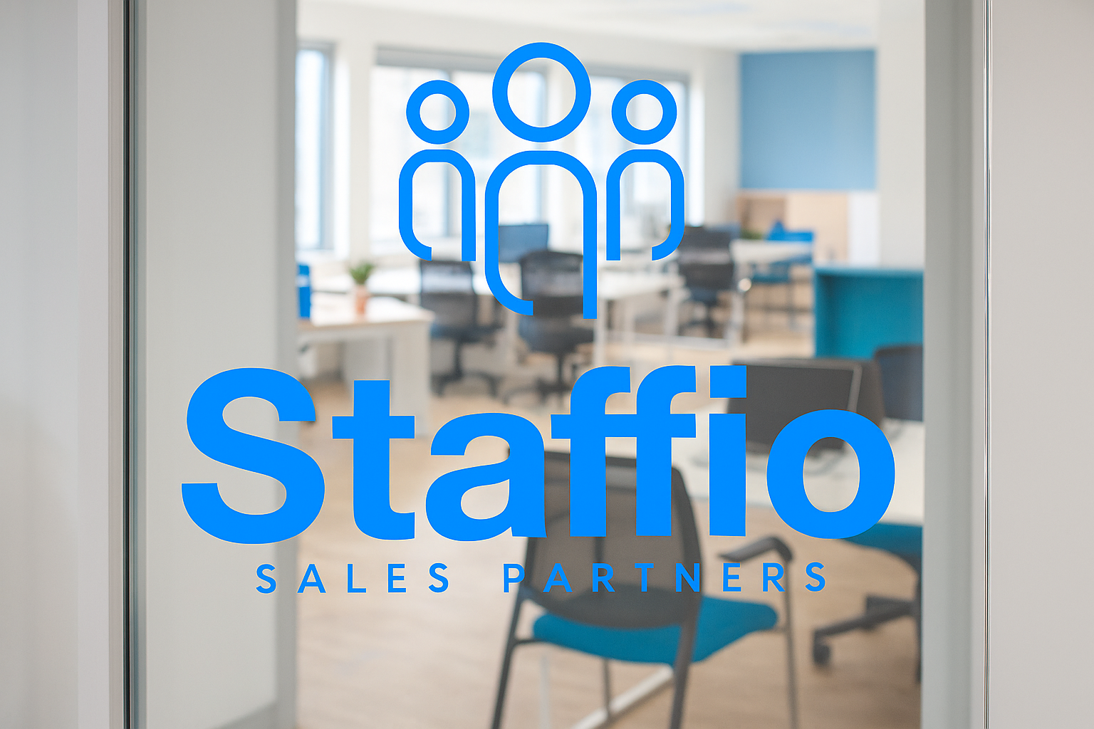Glass door with blue sticker that reads 'staffio SALES PARTNERS' and icon of four people, with a modern office in the background.