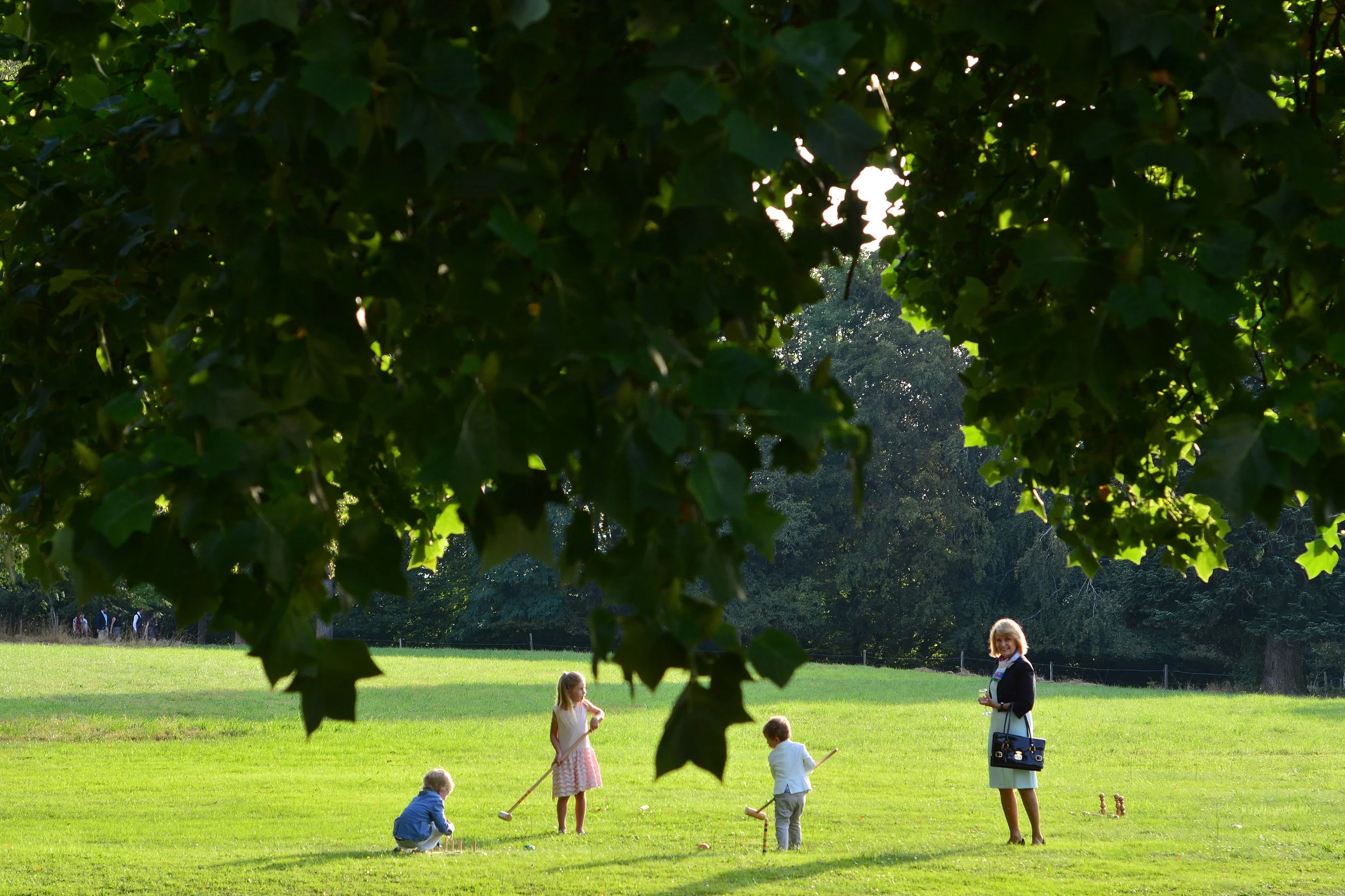 Groupe de personnes, incluant plusieurs enfants et une femme, jouant dans un parc vert en plein air sous un arbre. Le paysage est ensoleillé et la scène respire la convivialité et la détente.