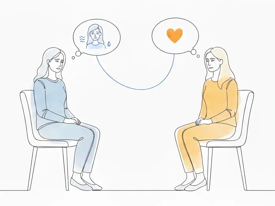 Two women sitting on chairs facing each other with thought bubbles connecting. The woman on the left has a thought bubble with a sad face and water drops, indicating sadness, while the woman on the right has a thought bubble with a heart, indicating love or affection.
