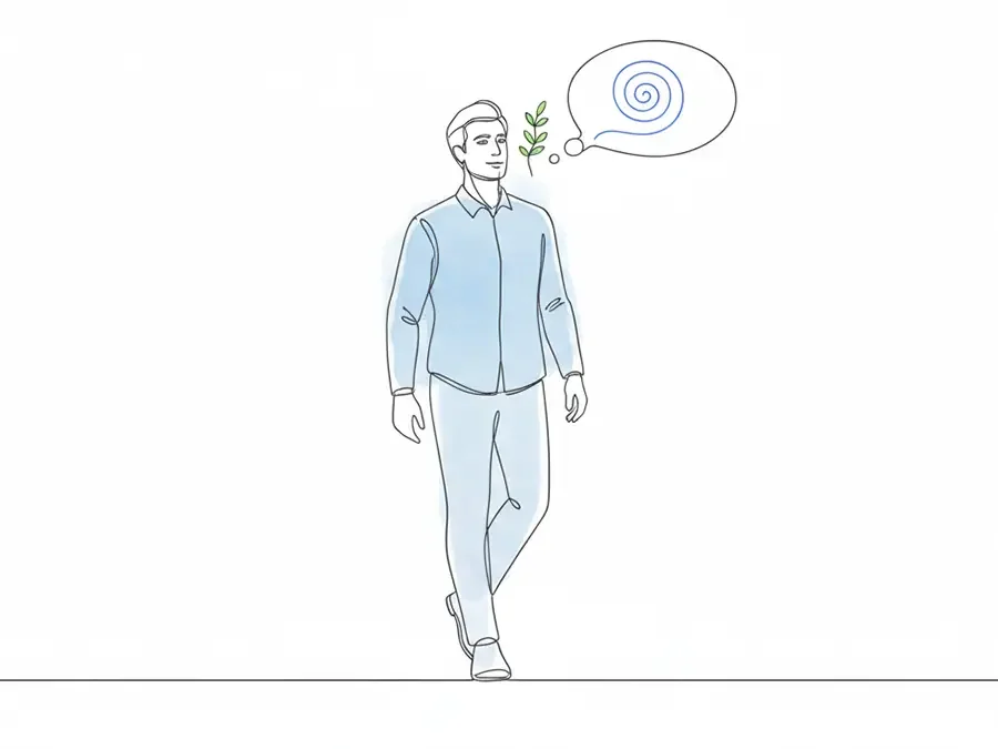 A minimalist line drawing of a man walking with a small plant near his face, a thought bubble with a spiral inside, indicating he's thinking about something.