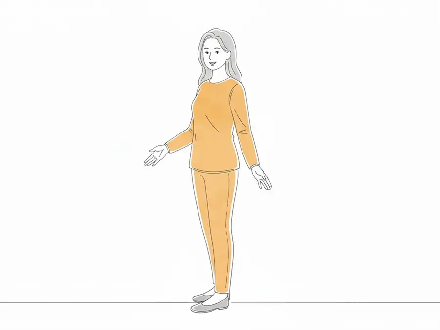 Line drawing of a woman in orange clothing, standing on a flat surface with arms slightly extended, smiling against a plain background.