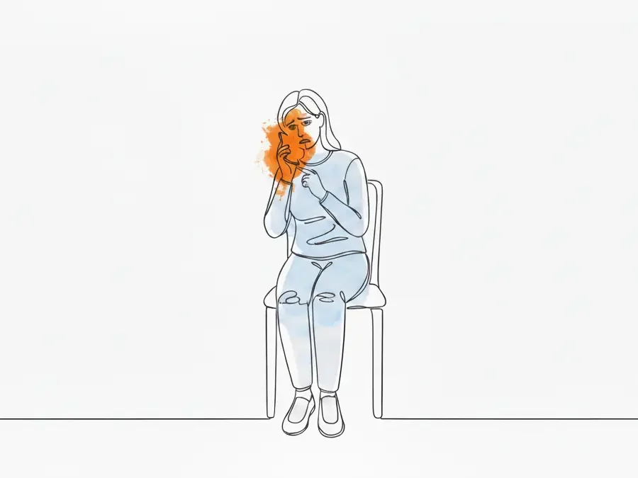 Line drawing of a woman sitting on a chair, holding her face with one hand, looking distressed with a highlighted orange spot on her cheek.