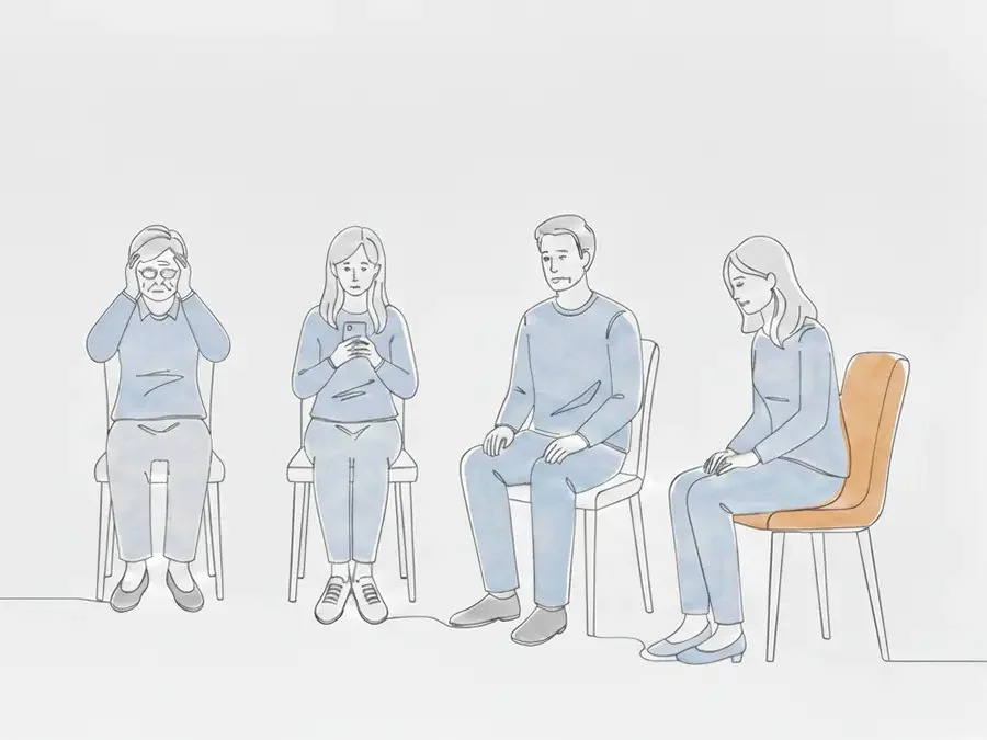 Illustration of four people sitting on chairs, with expressions of concern or contemplation.