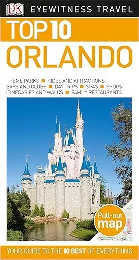 A travel guide cover featuring Cinderella's Castle at Disney World in Orlando, Florida, with blue sky and trees in the background.