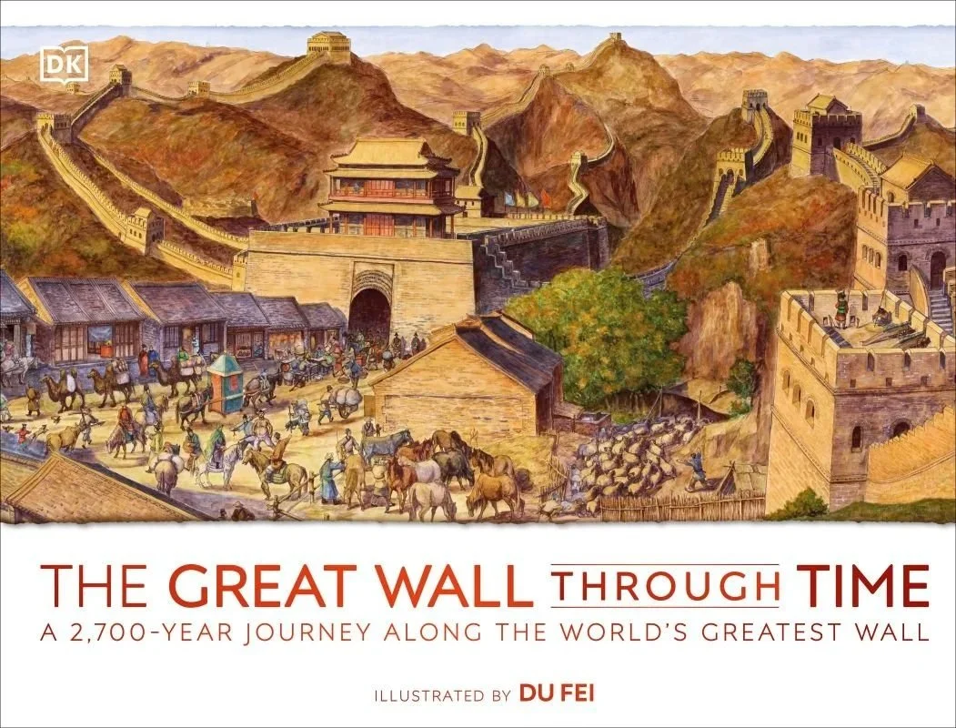 An illustrated map of the Great Wall of China, depicting historical watchtowers, city gates, and travelers with horses and carts traveling along the wall.