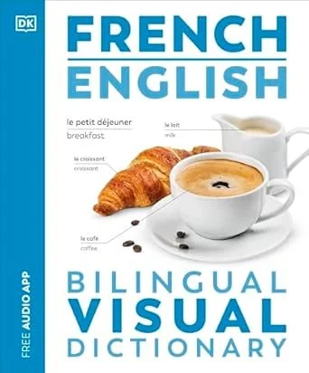Cover of a bilingual French-English dictionary featuring a breakfast scene with a croissant, a cup of coffee, and a small pitcher of cream or milk.