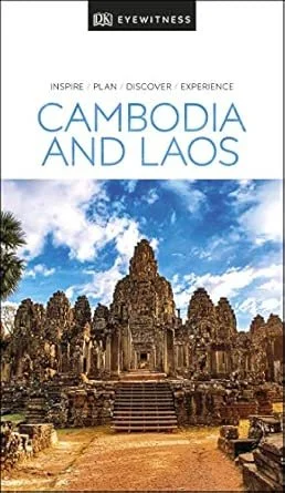 Book cover for 'Cambodia and Laos' by DK Eyewitness featuring an ancient temple with stone architecture and steps, palm trees, and a blue sky with clouds.