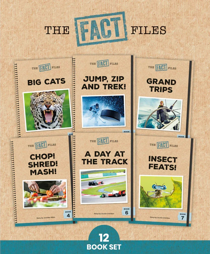Six children's book covers from 'The Fact Files' series laid out on a beige background. Titles include 'Big Cats,' 'Jump, Zip and Trek!,' 'Grand Trips,' 'Chop! Shred! Mash!,' 'A Day at the Track,' and 'Insect Feats!'