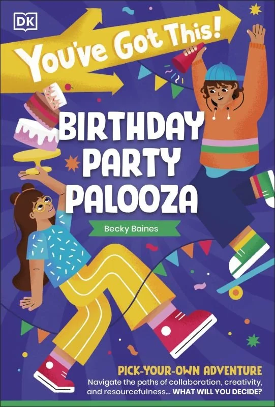 Colorful birthday party book cover featuring two children celebrating. One girl wears yellow pants and glasses, holding a cake, the other boy wears a blue beanie, orange sweater, and skateboarding. Bright decorations with confetti and flags. Title: "