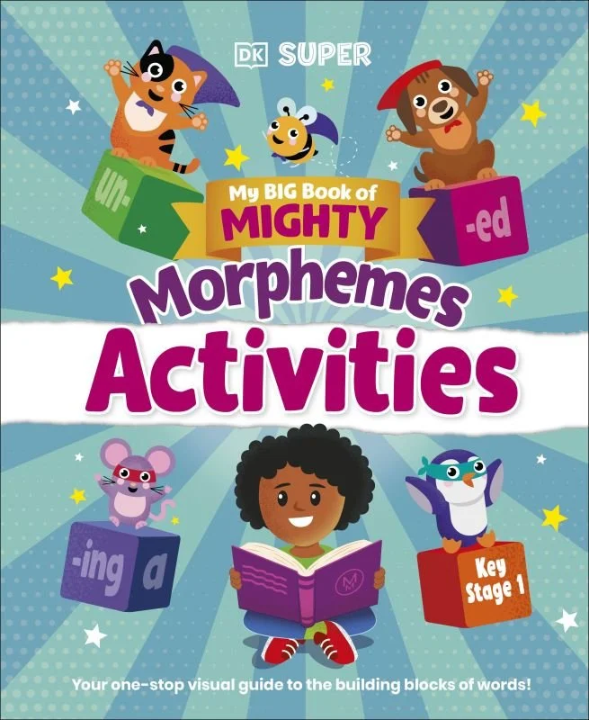 Colorful children's book cover titled "My BIG Book of MIGHTY Morphemes Activities" with cartoon animals and a girl reading, featuring stars and bright background.