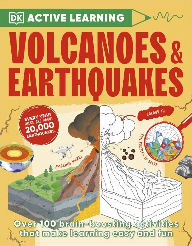 Book cover titled "Active Learning: Volcanoes & Earthquakes" with illustrations of a volcano erupting, a drone flying, a brain maze puzzle, and a black and white landform diagram. Includes a red circle stating "Every year there are about 20,000 earth