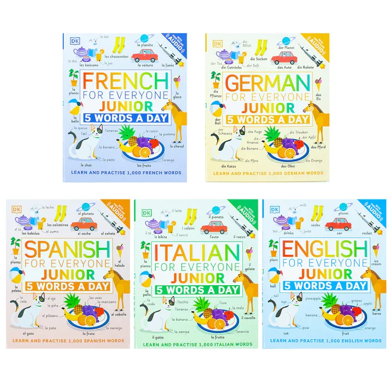Set of five children's language learning books for different languages including French, German, Spanish, Italian, and English, each titled '5 Words a Day' for juniors, featuring colorful illustrations of animals, food, and everyday objects.