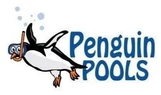 Logo with a cartoon penguin wearing goggles and swimming fins, next to the text 'Penguin Pools' in blue.