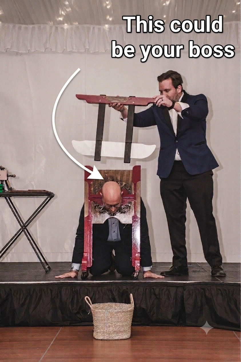 A man in a suit is standing on a stage, holding a wooden plank over a man in a chair bent over backward. The man in the chair has a bald head and is dressed in a tuxedo. There is a basket on the ground in front of the stage, and a small table with eq