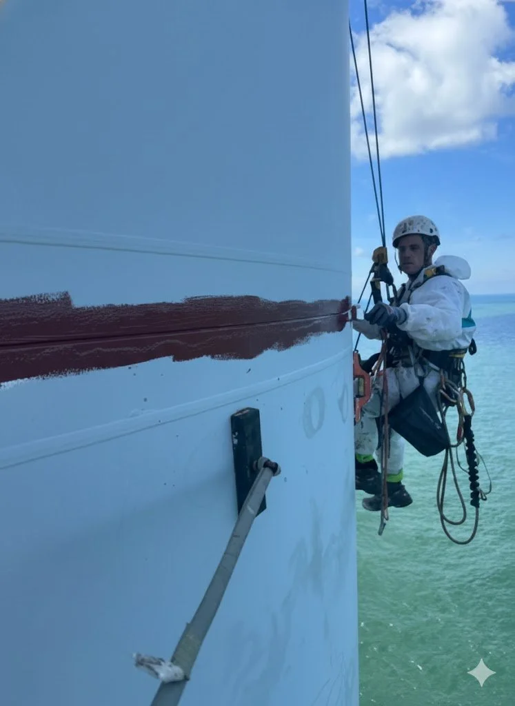 Worker wearing safety gear cleaning or inspecting the side of a tall white structure above the ocean, with a partly cloudy sky in the background.