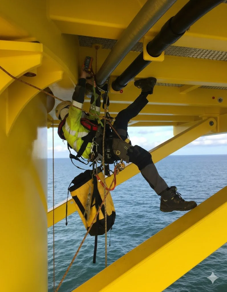 A worker in safety gear performs maintenance or inspection work on pipes beneath a yellow offshore platform over the ocean.
