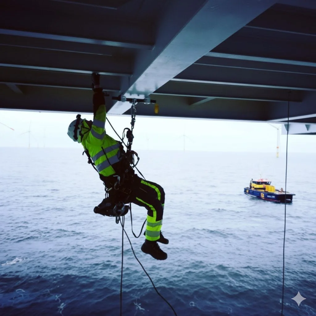 A worker in safety gear, including a helmet and high-visibility suit, is hanging from the underside of a large structure over the ocean, possibly performing maintenance or inspection. There is a small boat in the background on the water.