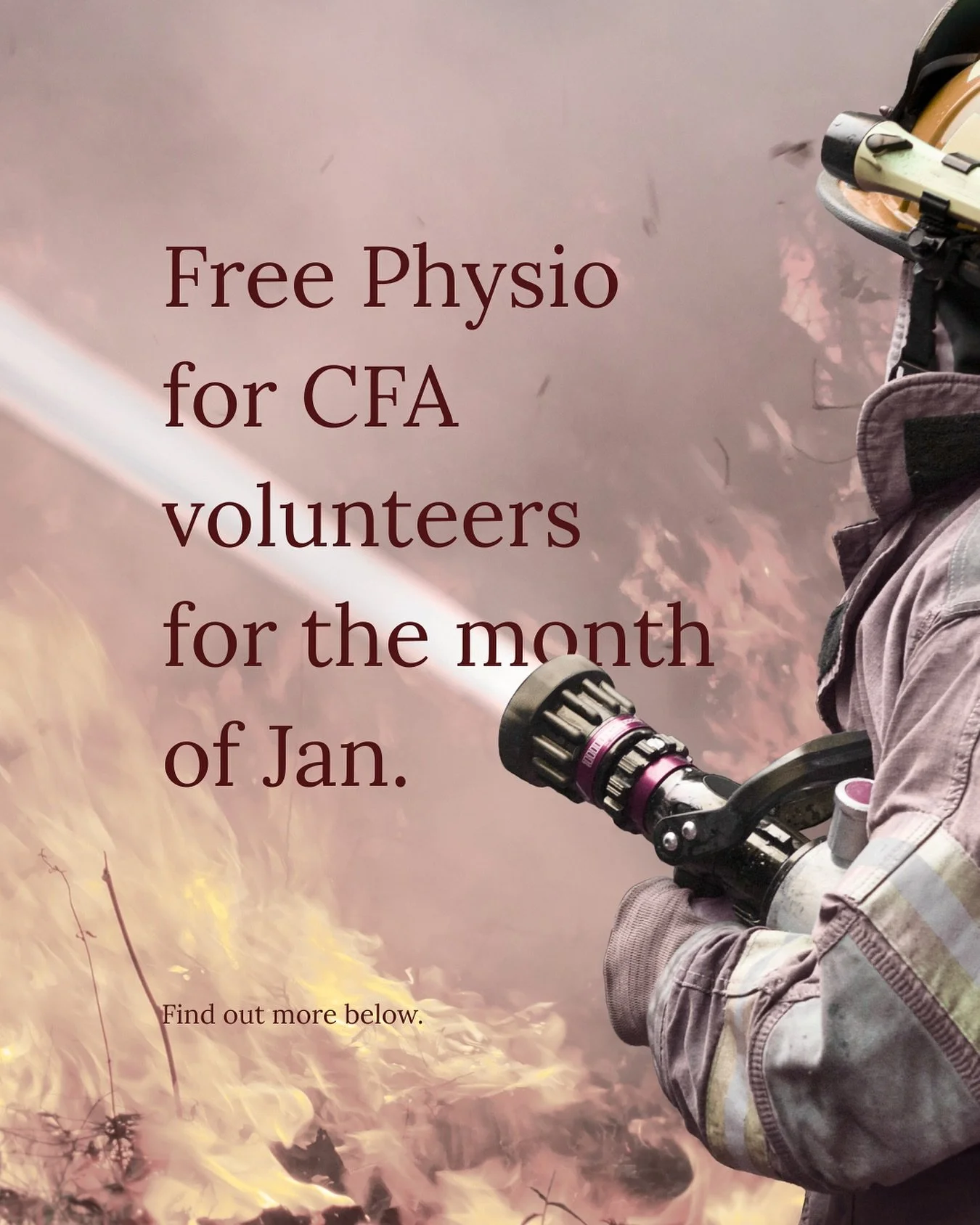 🔥FREE PHYSIO FOR CFA VOLUNTEERS🔥 

Firstly, my thoughts are with the greater Bendigo community and anyone affected by the events that have unfolded over the last week.

As a small business owner who has recently opened up in Bendigo, there&rsquo;s 