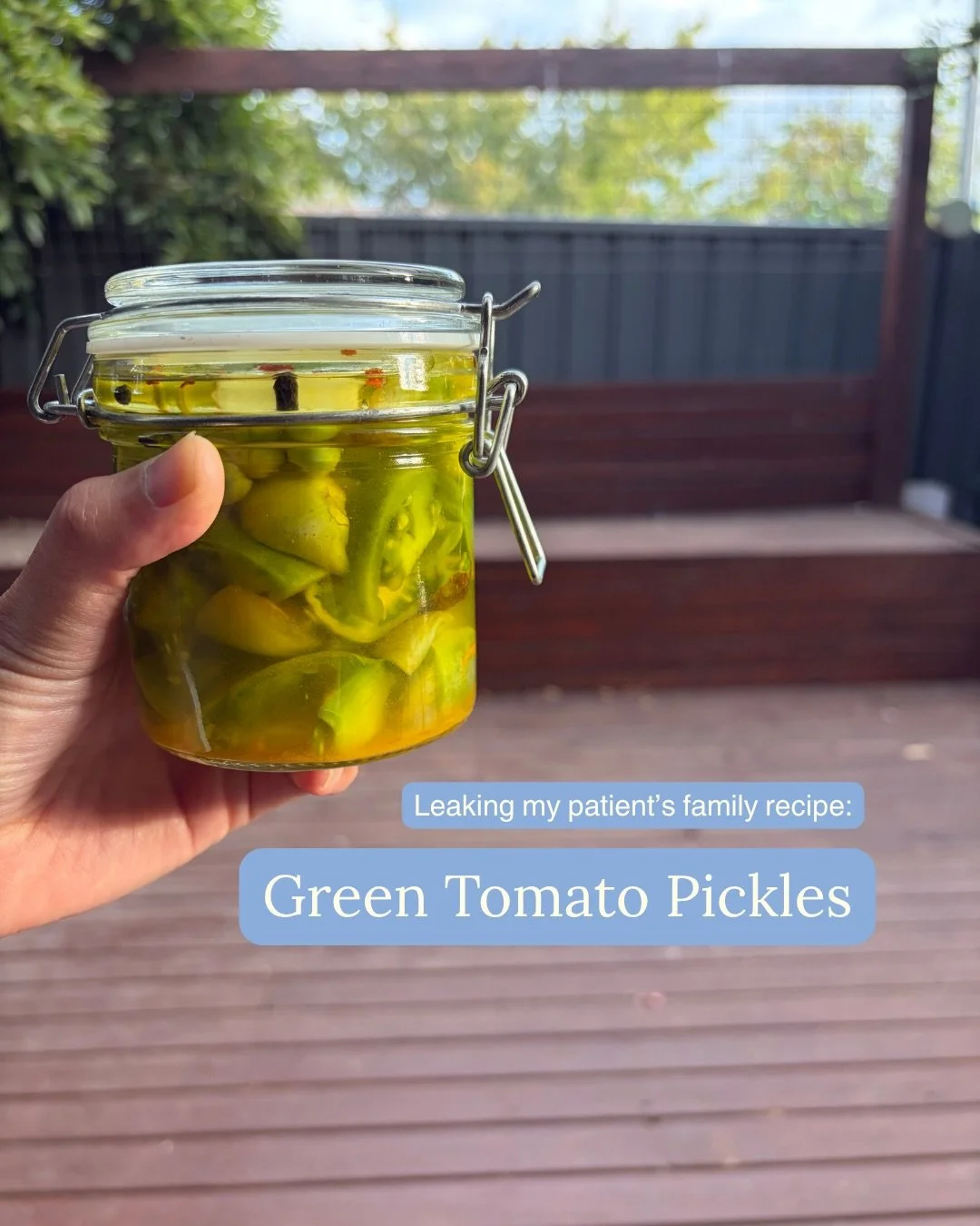 The last step isn&rsquo;t optional 🙃

Thank you to my gorgeous patient for allowing me to share her family recipe! 🫶🏽

The perfect green tomato pickles recipe for the last tomato harvest before the frost! 🍅 

Enjoy - and don&rsquo;t forget to sha