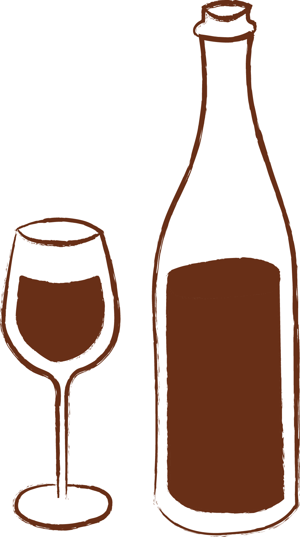 Outline drawing of a wine bottle and a filled wine glass.