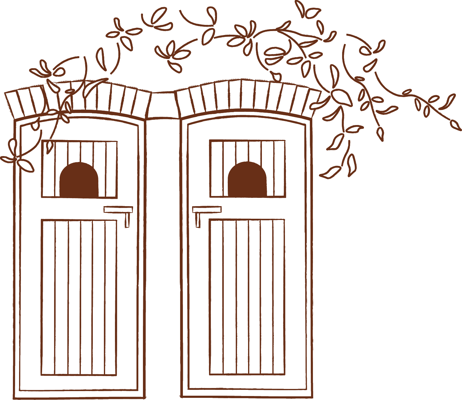 Outline drawing of a double door with arched windows, surrounded by vines and leaves.