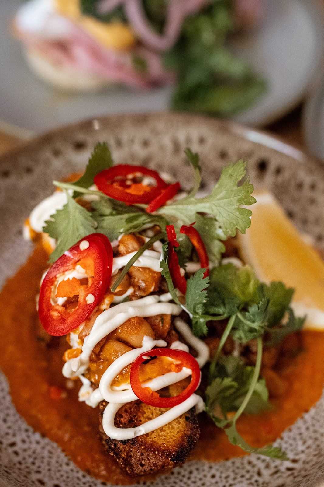 Close-up of a dish with fried food topped with sliced red chili peppers, cilantro, and drizzled with white sauce, served on a patterned gray plate with a yellow sauce underneath.