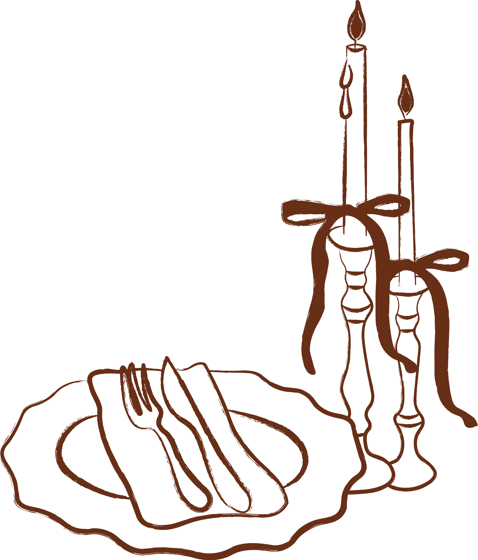 Line drawing of a table setting with a plate, fork, and knife, and a pair of peach-colored candles with ribbons tied around their bases.