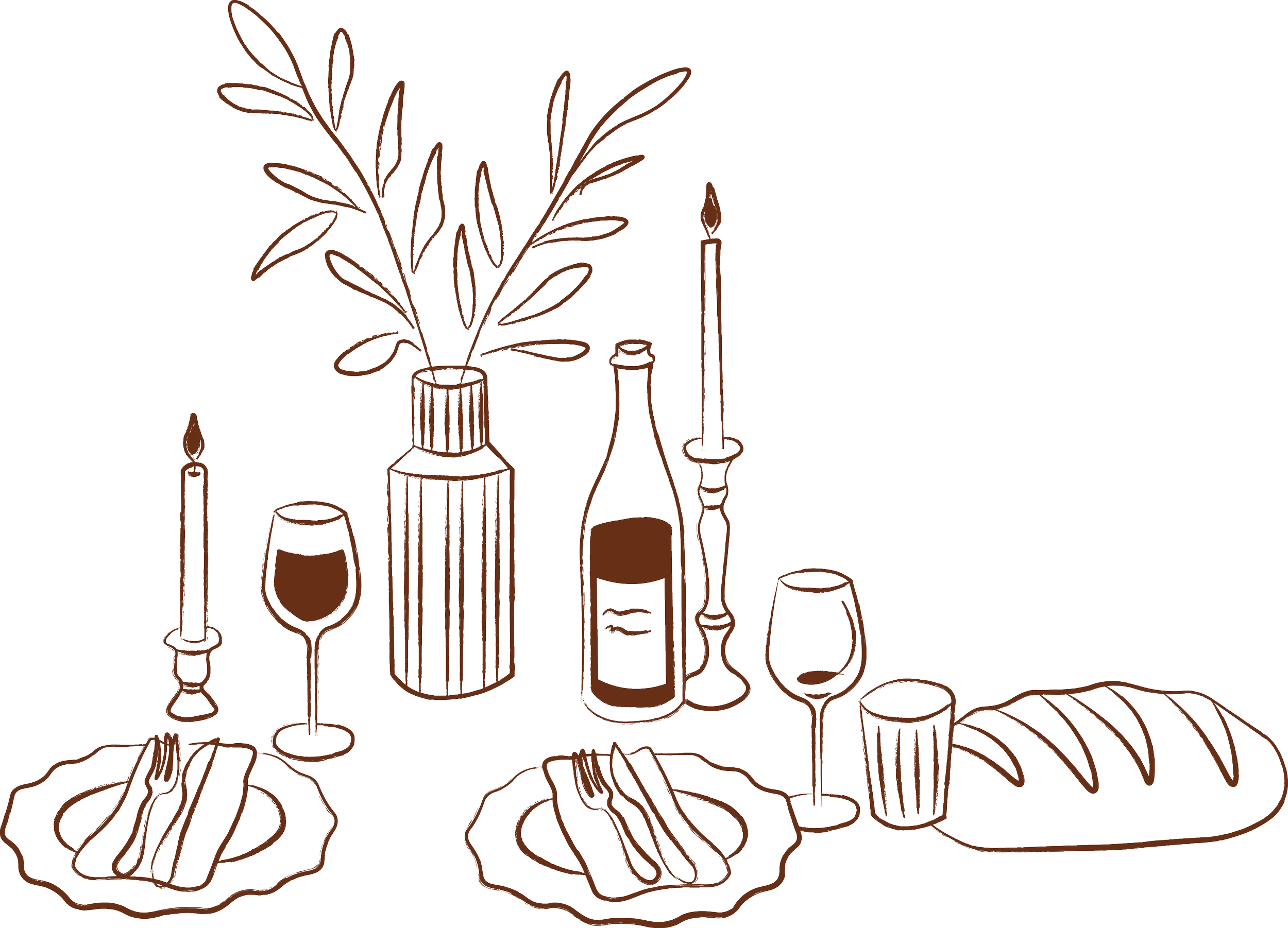 Line drawing of a dining table set with candles, glasses, plates, cutlery, a wine bottle, a vase with foliage, and linens.