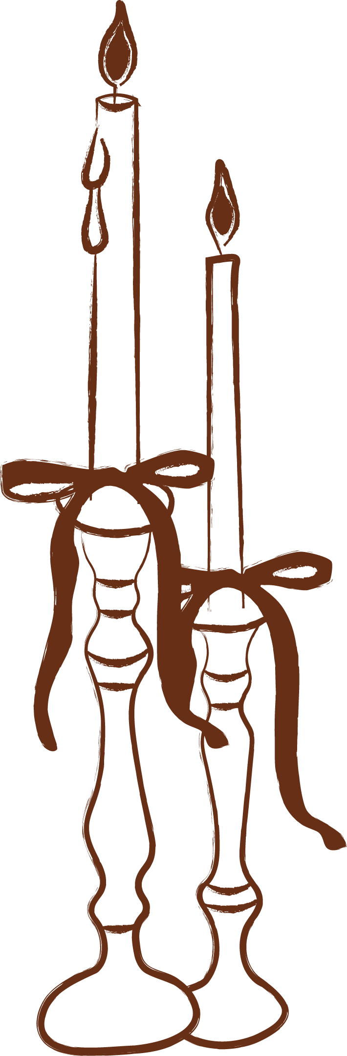 Drawing of two brown candles tied with bows, with flame on top, on a black background.