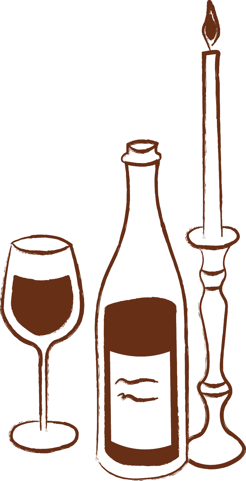 Line drawing of a wine glass, a wine bottle, and a candlestick with a lit candle.