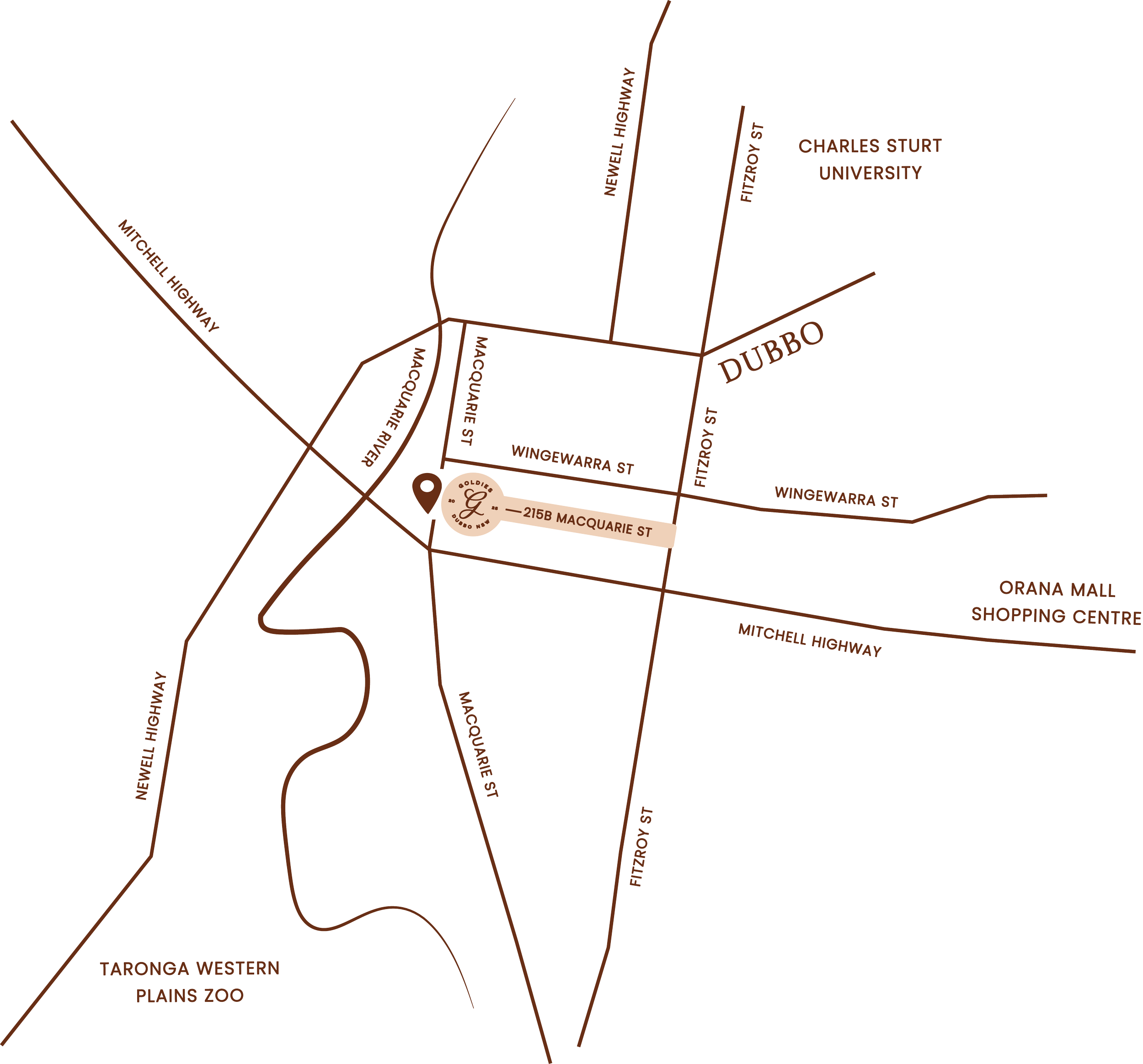 Map showing location of 215B Macquarie Street in Dubbo, Australia, with nearby streets including Macquarie Street, Wingewarra Street, Fitzroy Street, and Mitchell Highway. Landmarks such as Charles Sturt University, Orana Mall Shopping Centre, Taronga Western Plains Zoo, and Dubbo are also indicated.