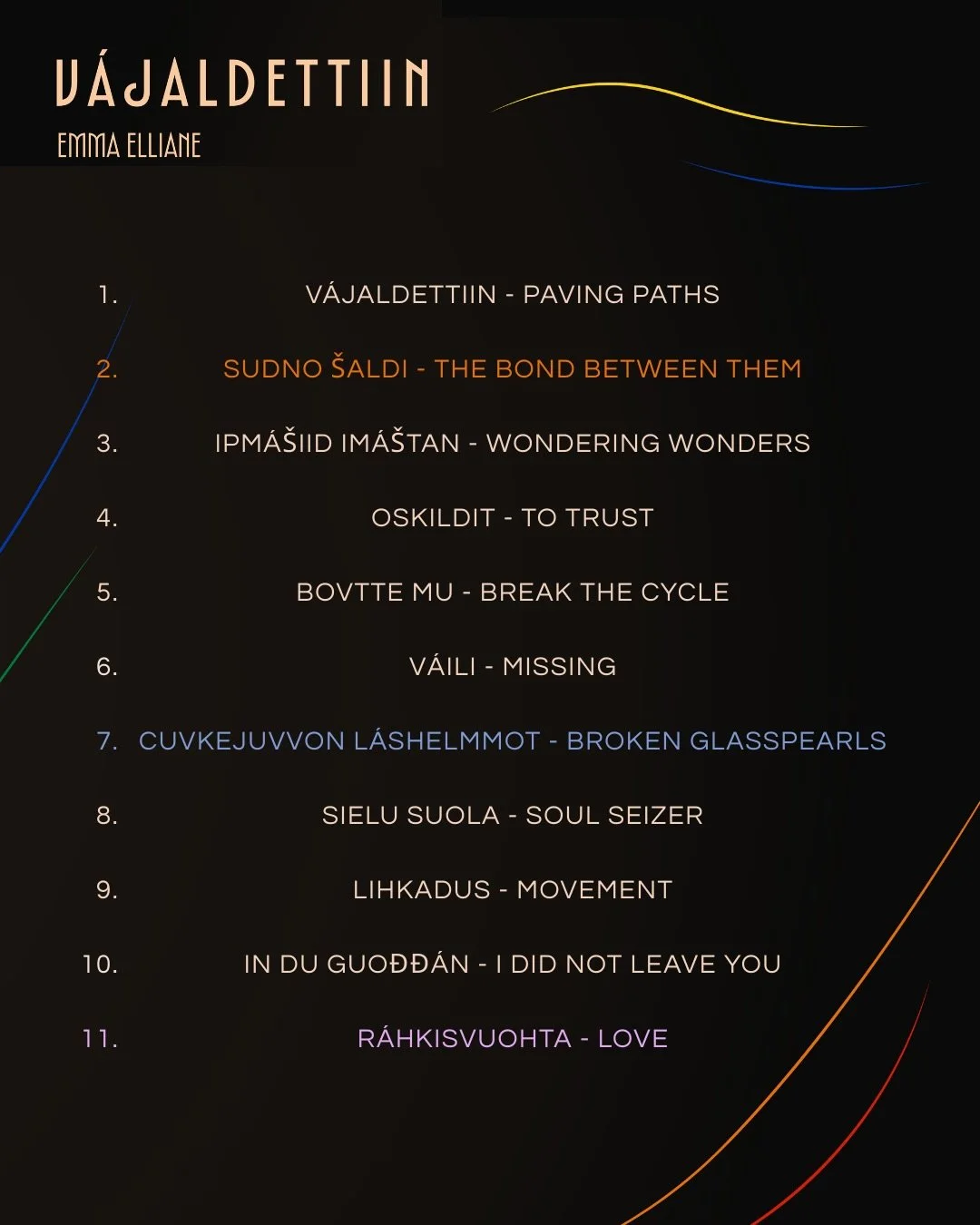 Tracklist reveal!!

S&Aacute;M: 11 ođđa l&aacute;vlaga ođđa skearrus! Čuojahit daid vuostta&scaron; h&aacute;ve ihttin, Riikal&aacute;vddis, Oslos 6.2 dii 19:00!

NOR: 11 nye l&aring;ter, og urpremiere med fullt band p&aring; Riksscenen i morgen, 6.2