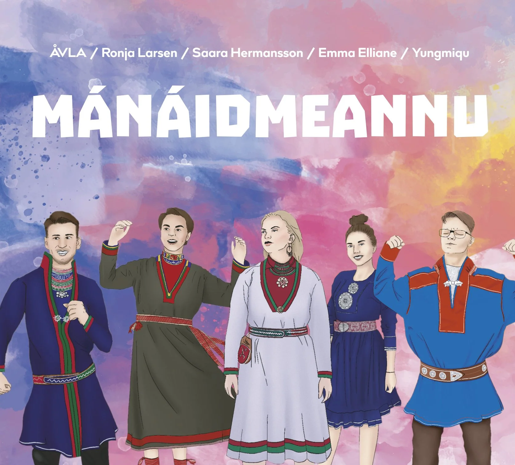 Illustration of people in traditional colorful Scandinavian clothing against a pink, purple, blue watercolor background with the title and names of performers or creators above.