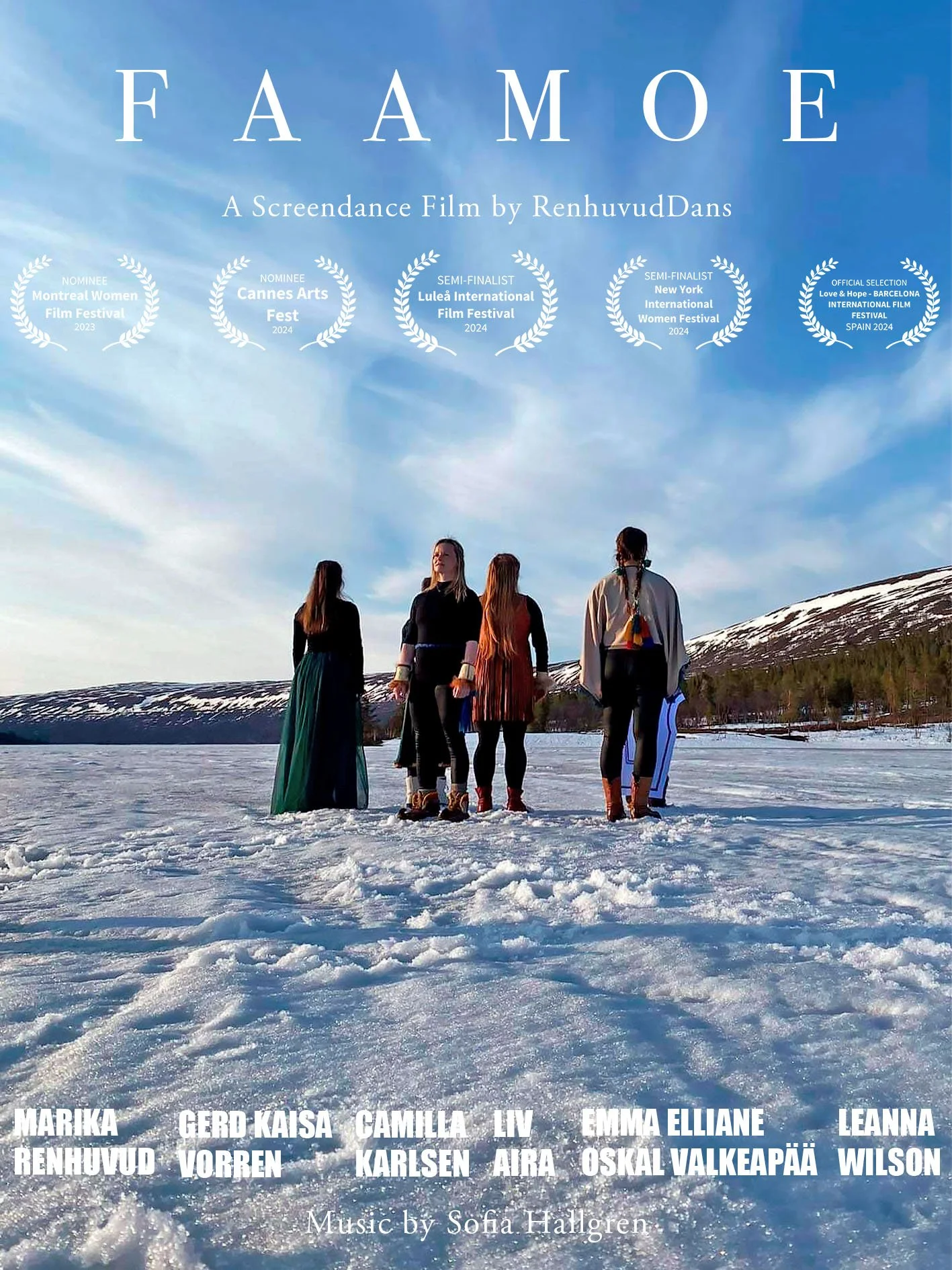 Poster for the film 'FAAMOE' featuring four women standing on a snow-covered landscape against a blue sky, with nominees' laurels and film festival mentions at the top, and cast and musician credit at the bottom.
