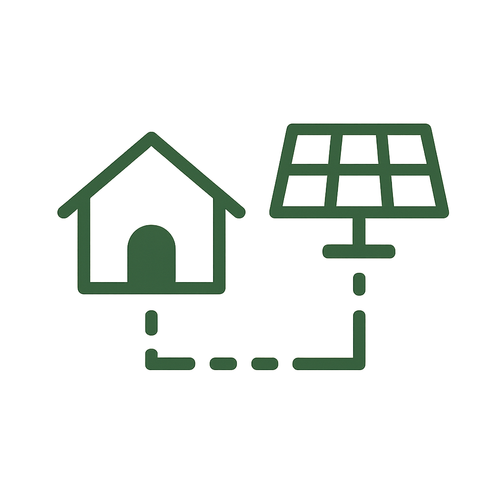 Illustration of a house and solar panel connected by dashed lines, representing home solar energy system.