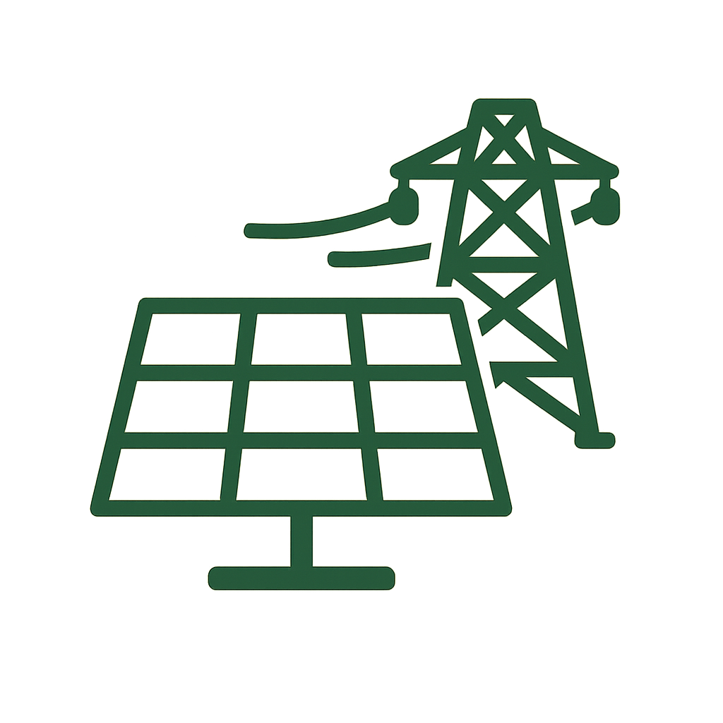 Illustration of a solar power plant with a solar panel and a transmission tower.