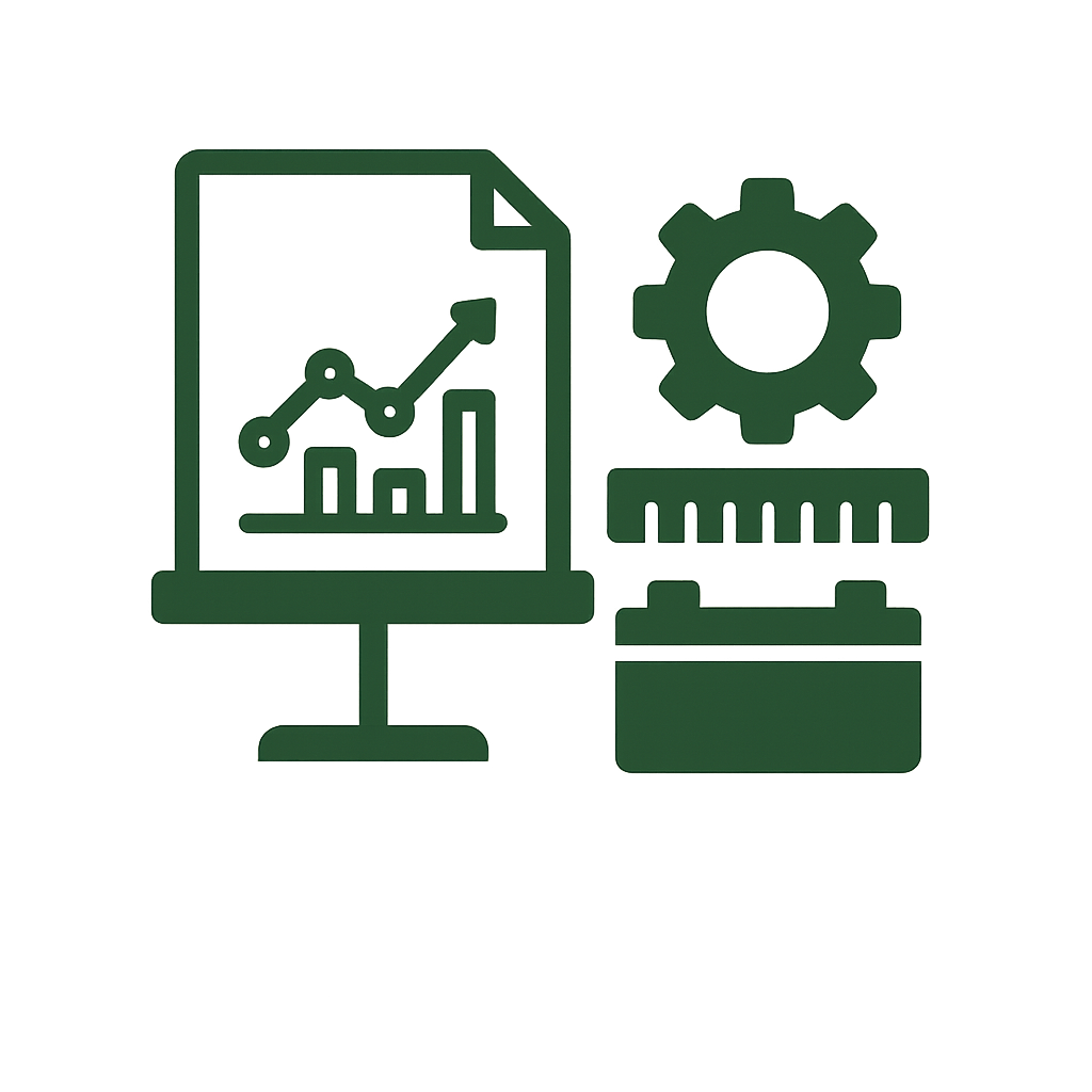 Outline of data analysis and optimization icons, including a computer monitor with a bar chart and line graph, a gear, a ruler, and a toolbox, representing data analysis, settings, measurement, and tools.