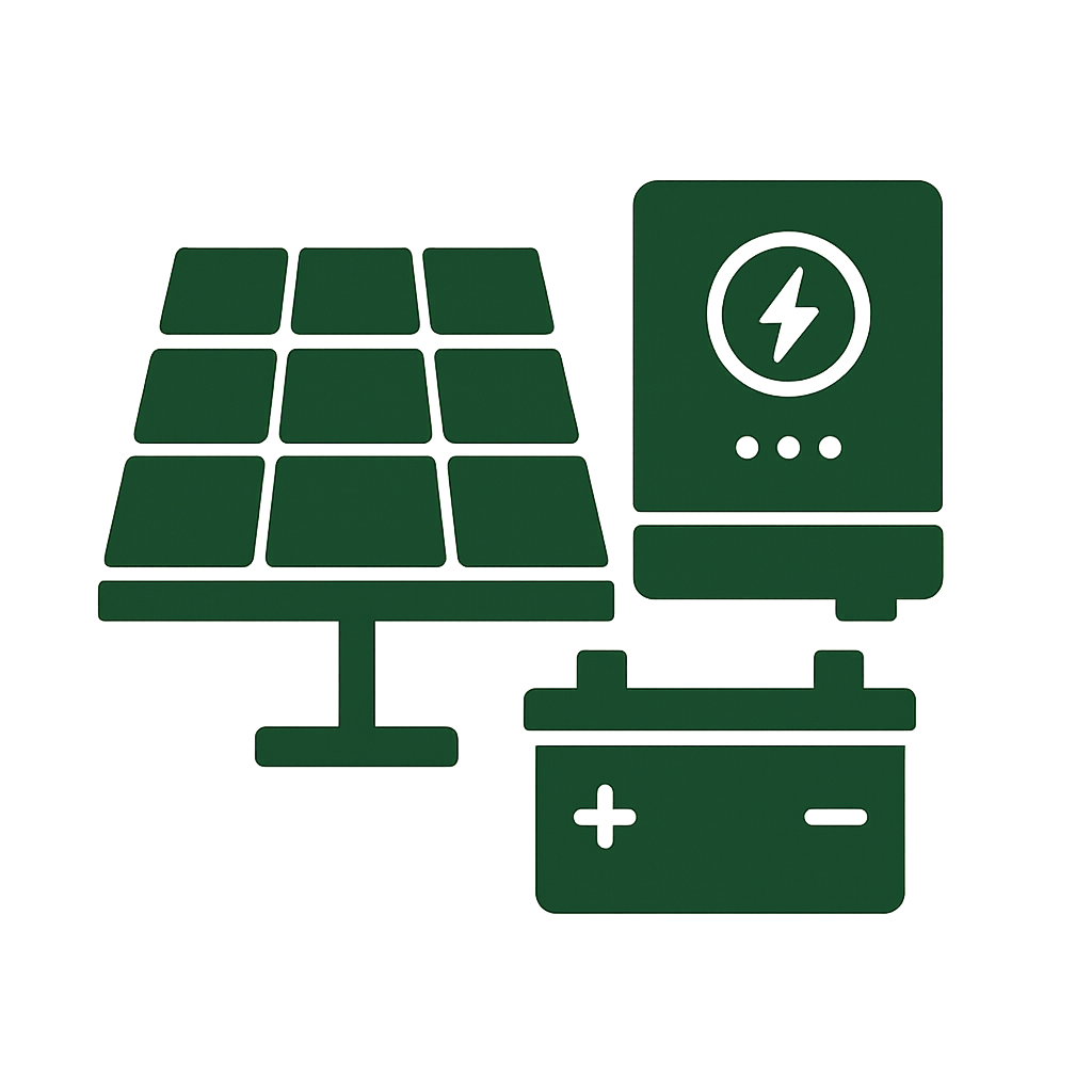 Iconic illustration of a solar panel connected to a battery, indicating renewable energy and power storage.