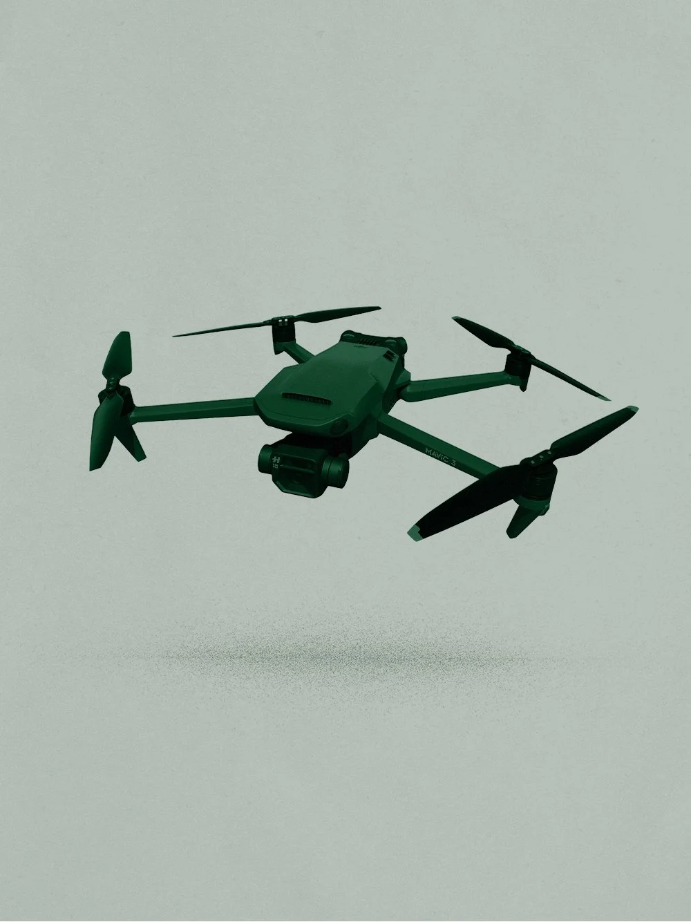 A green drone with four propellers, a camera mounted underneath, and branding that reads 'Mavic 3' on one arm, flying against a plain light background.