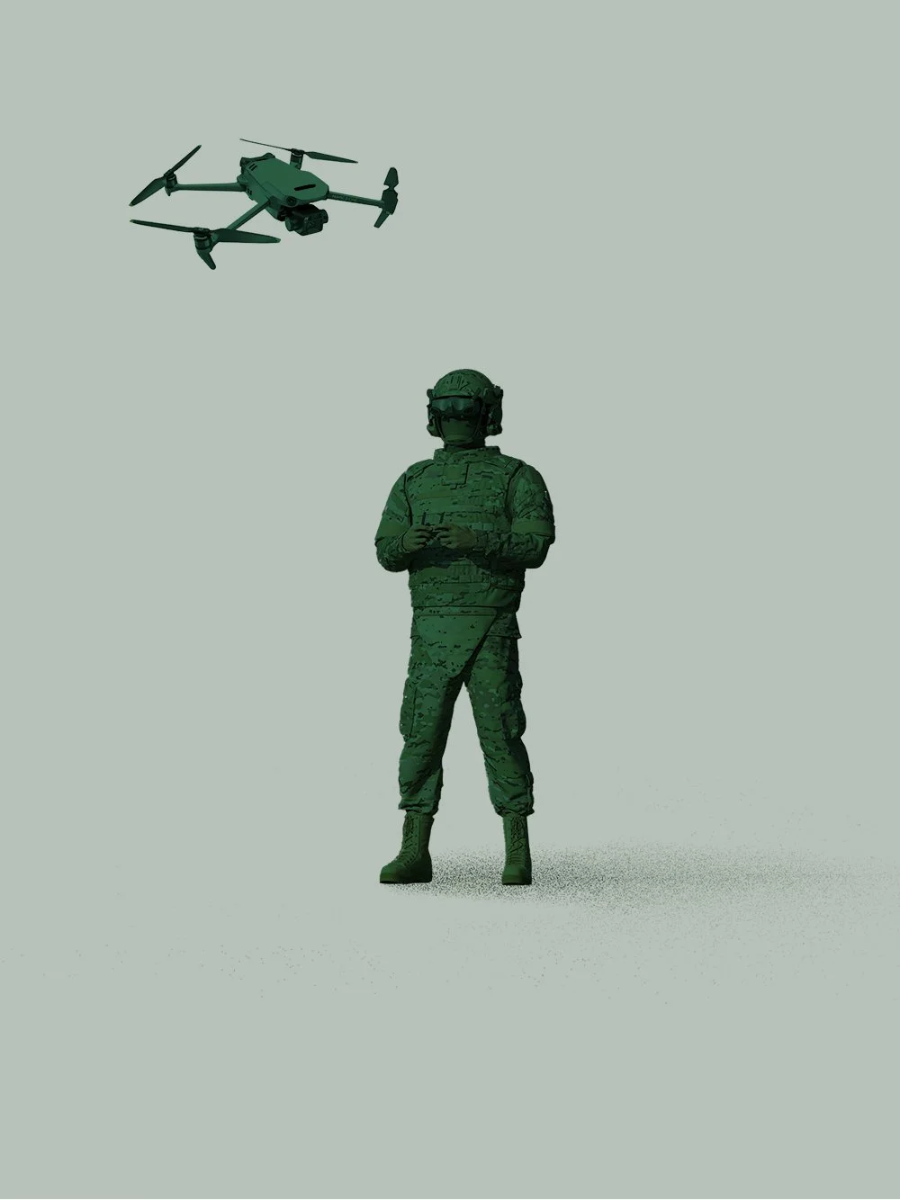 A soldier in camouflage uniform holding a device, looking up at a drone flying above him against a plain background.