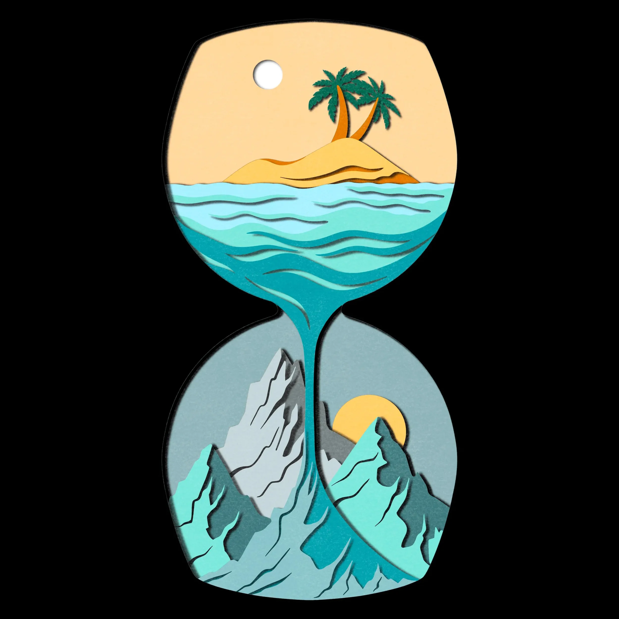 A stylized illustration with an hourglass shape, featuring an island with palm trees above water, and snow-capped mountains with a setting sun below water, connected by a flowing stream.