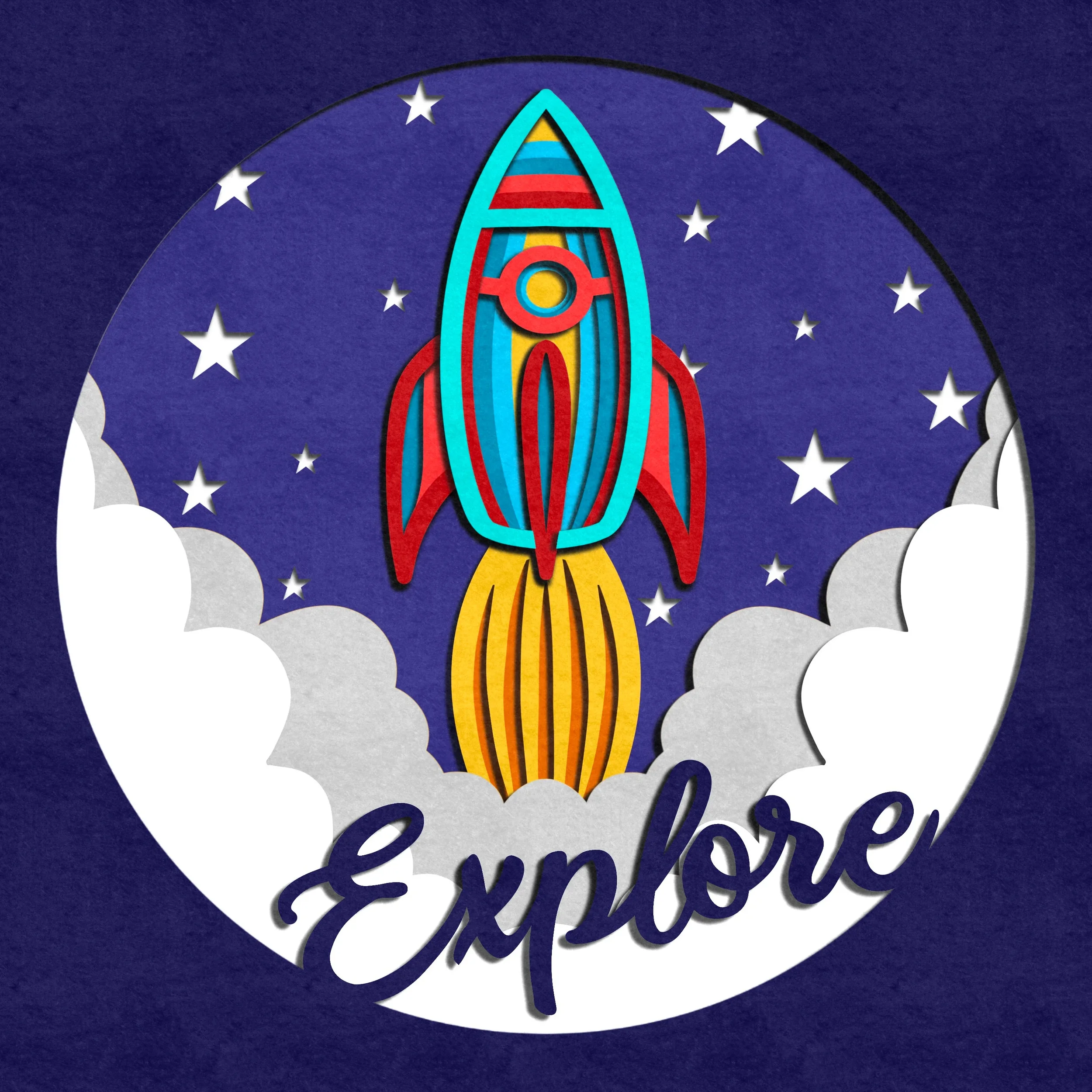 A colorful illustration of a rocket launching with flames and smoke, surrounded by stars and clouds, with the word 'Explore' written at the bottom.