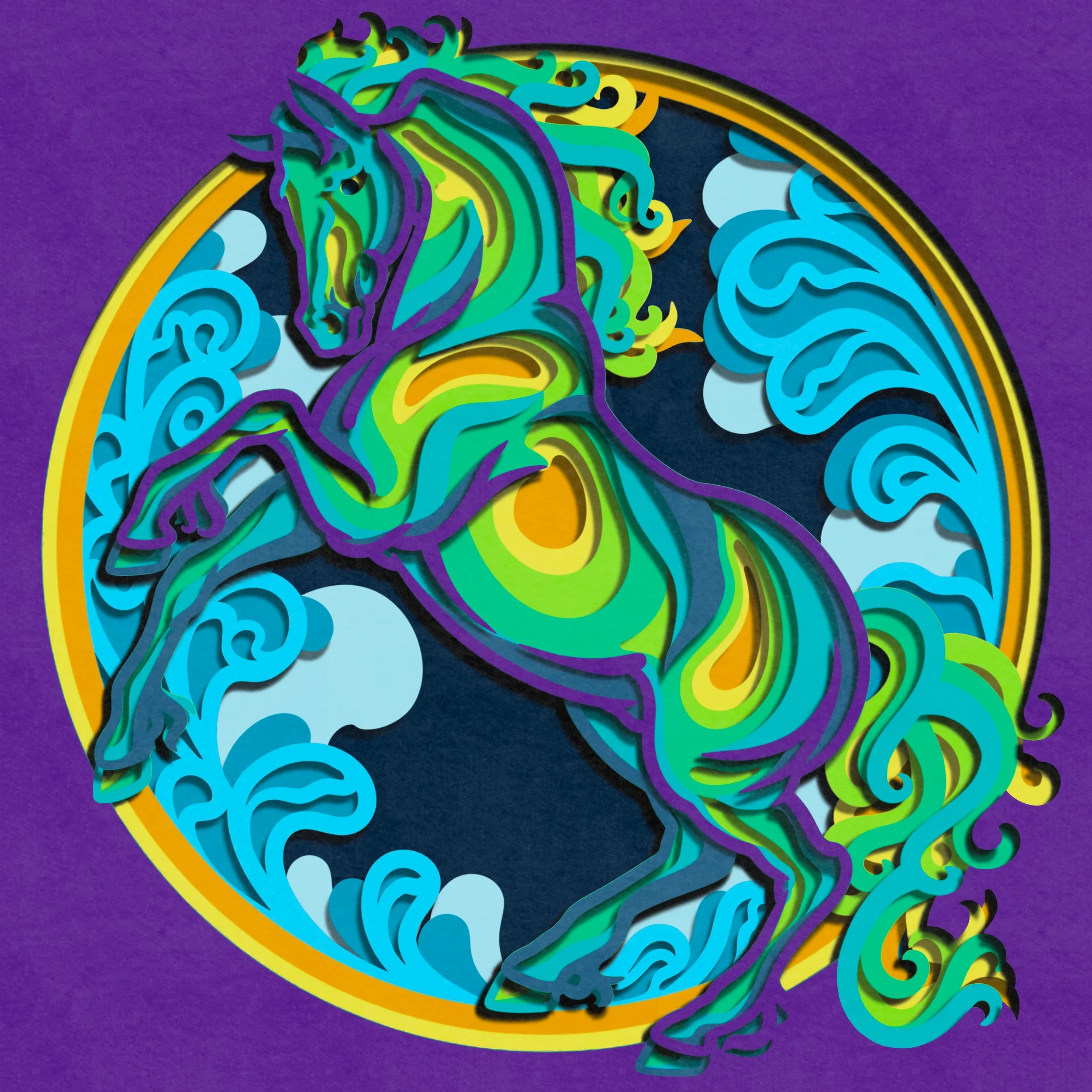 Colorful neon-style illustration of a rearing horse within a circle, with stylized clouds and a purple background.