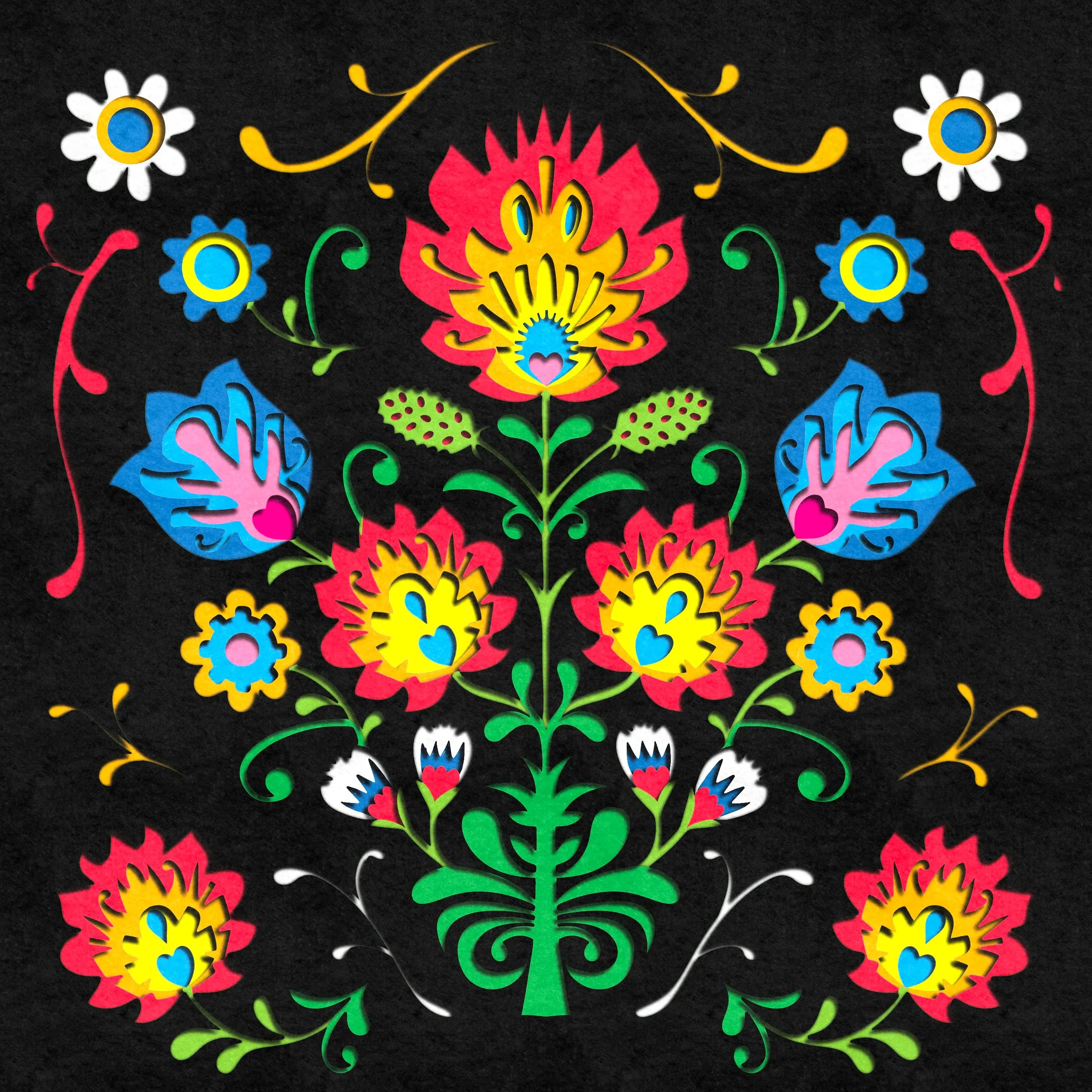 Colorful floral pattern with red, yellow, blue, green, white, and pink flowers on a black background, inspired by traditional folk art.